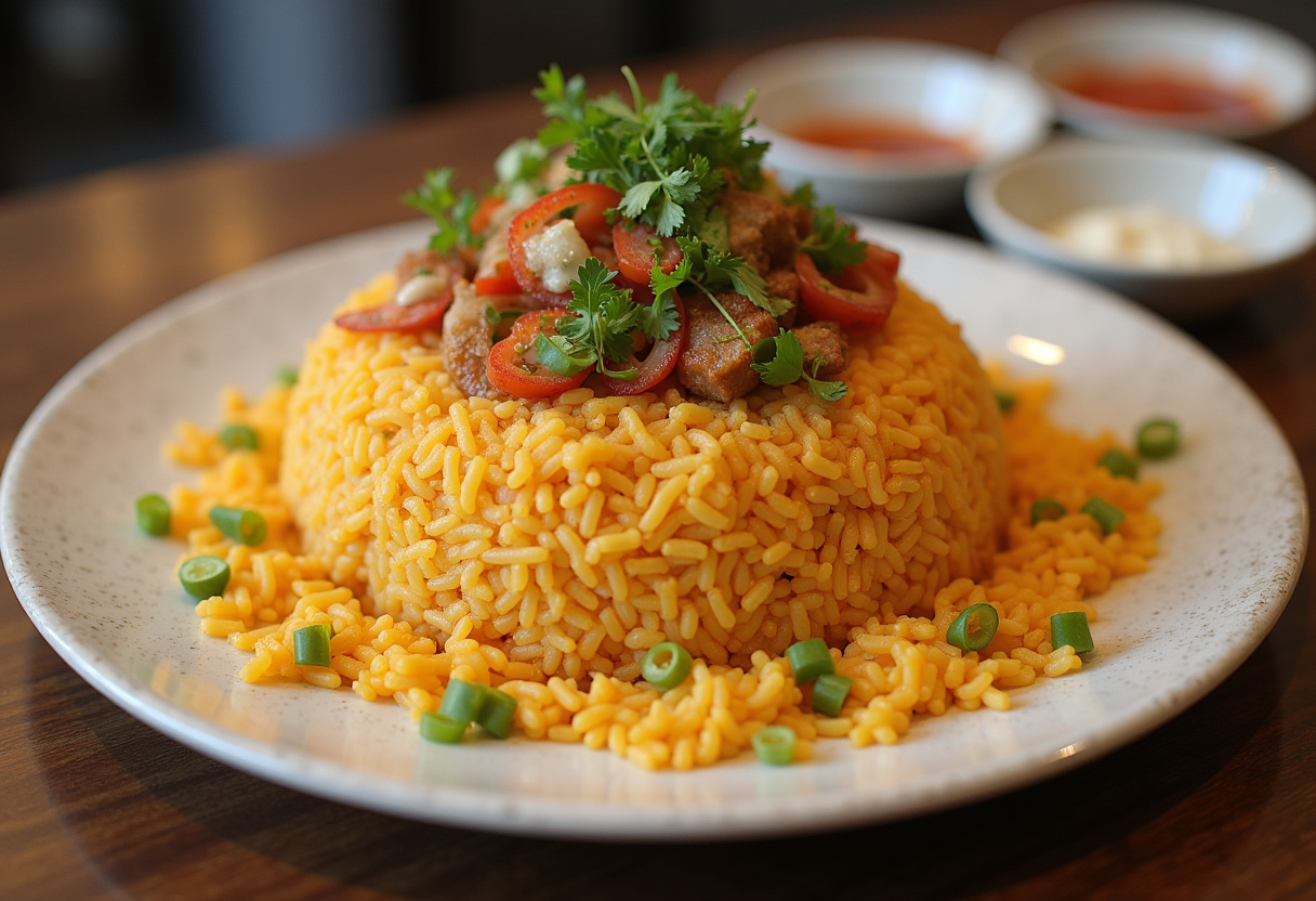 Riz croustillant dressé avec du thon épicé ou des crevettes épicées, présentant un délicieux plat de riz croustillant.