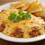 Delicious Riz taco au fromage garnished with cilantro and tortilla chips, ready to enjoy.