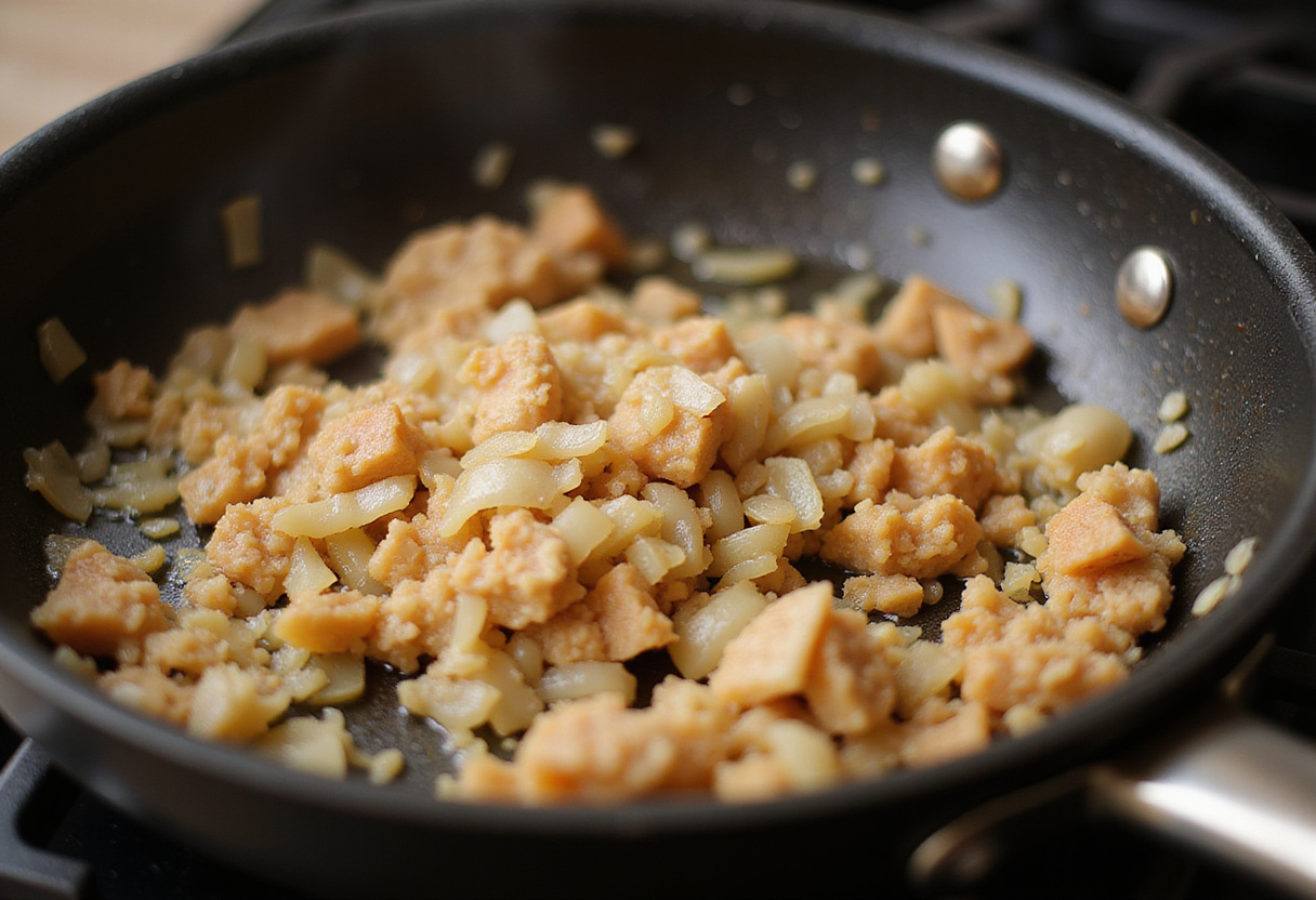 Diced onions sautéing in a skillet for Riz taco au fromage preparation.