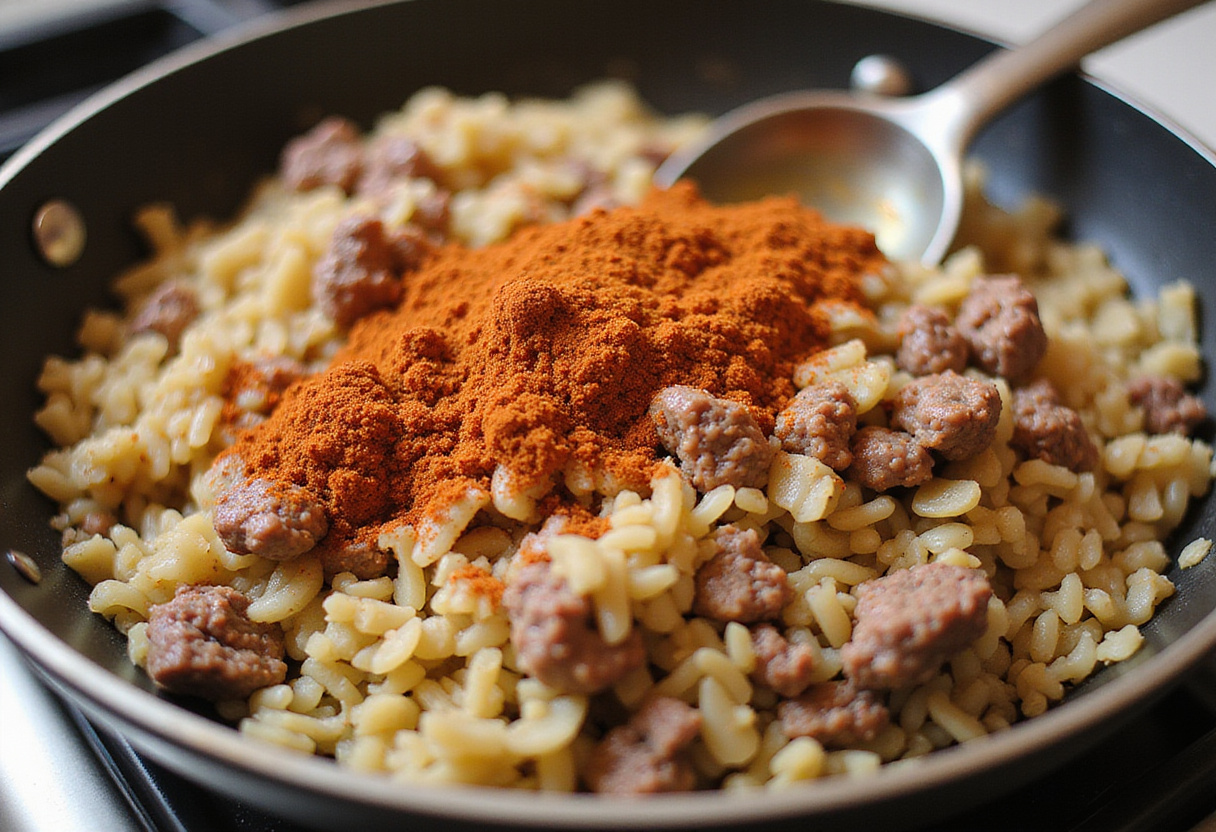 Cooked rice combined with ground beef and taco seasoning for Riz taco au fromage recipe.