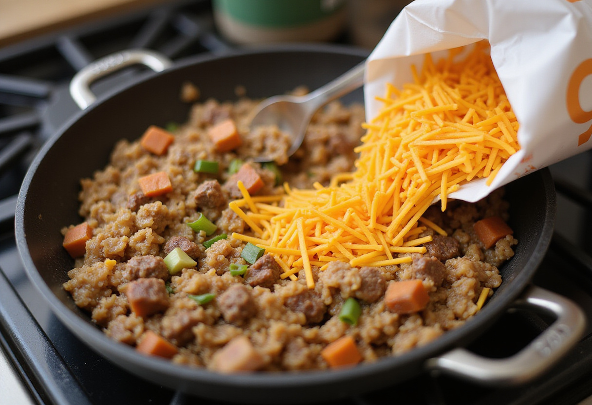 Mixing cooked rice and beef with spices for Riz taco au fromage, with cheese ready to make it creamy.