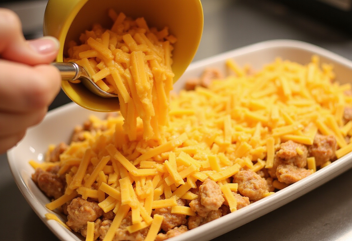 Cheesy Riz taco au fromage mixture being placed in a serving dish for baking.
