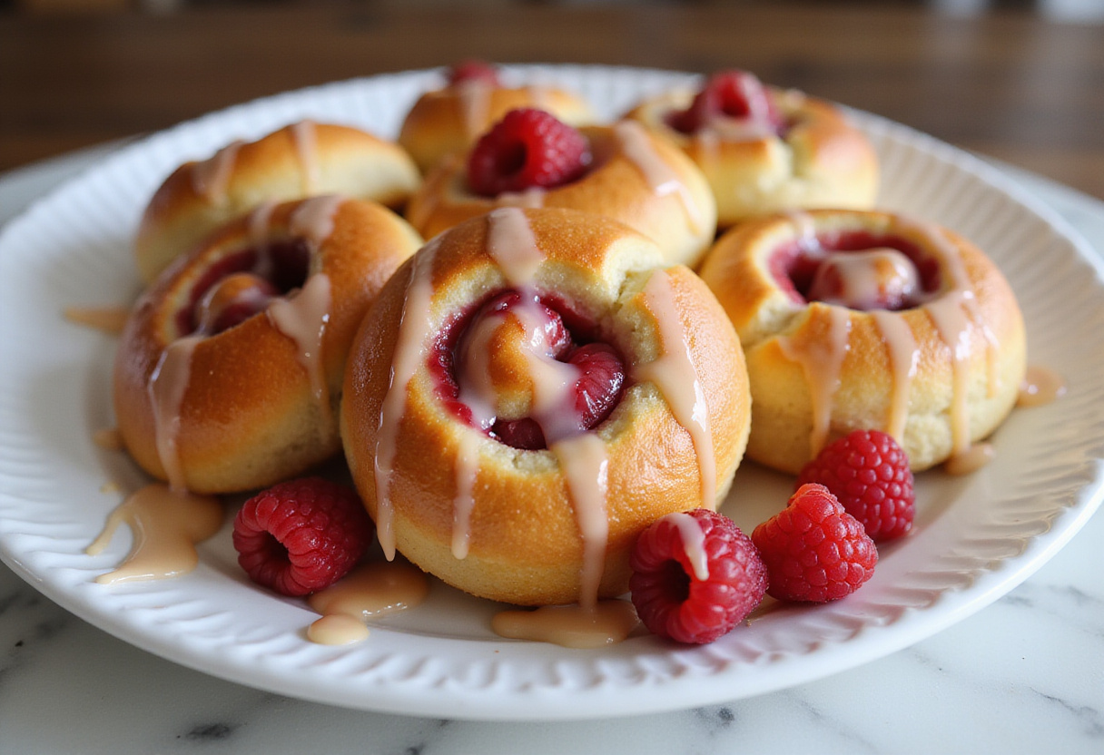 Rouleaux de brioche framboise citron dorés, parfaits pour un dessert sucré.