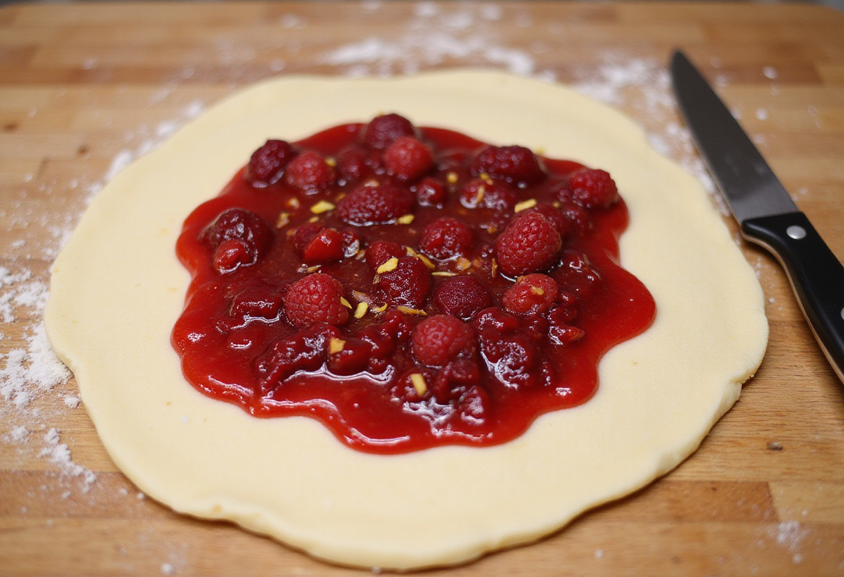 Confiture de framboise et zeste de citron étalés sur la brioche pour les rouleaux de brioche framboise citron.