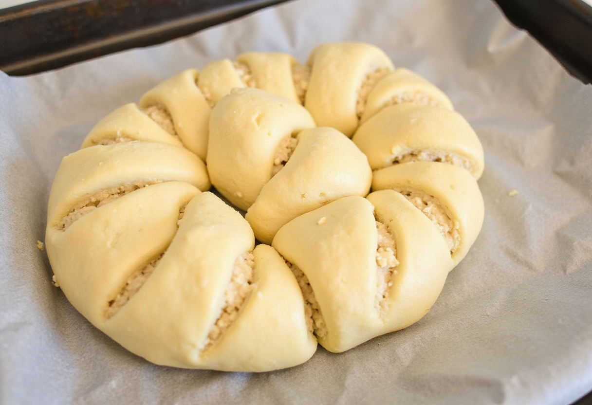 Morceaux de rouleaux de brioche prêts à lever pour la recette de brioche au citron et à la framboise.