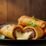 Rouleaux de cheeseburger chauds et dorés, garnis d'herbes fraîches, savoureux et prêts à être dégustés.