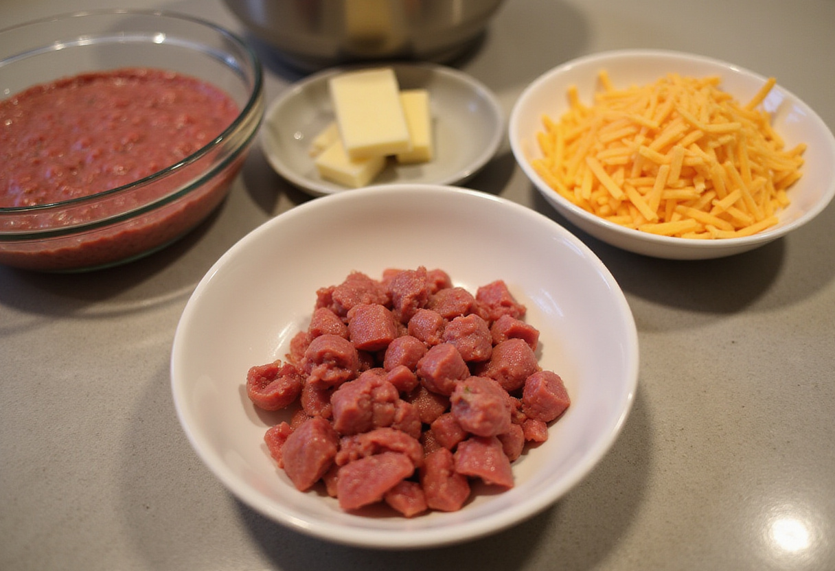Ingrédients préparés pour la recette de rouleaux de cheeseburger: viande hachée, ail et fromage.