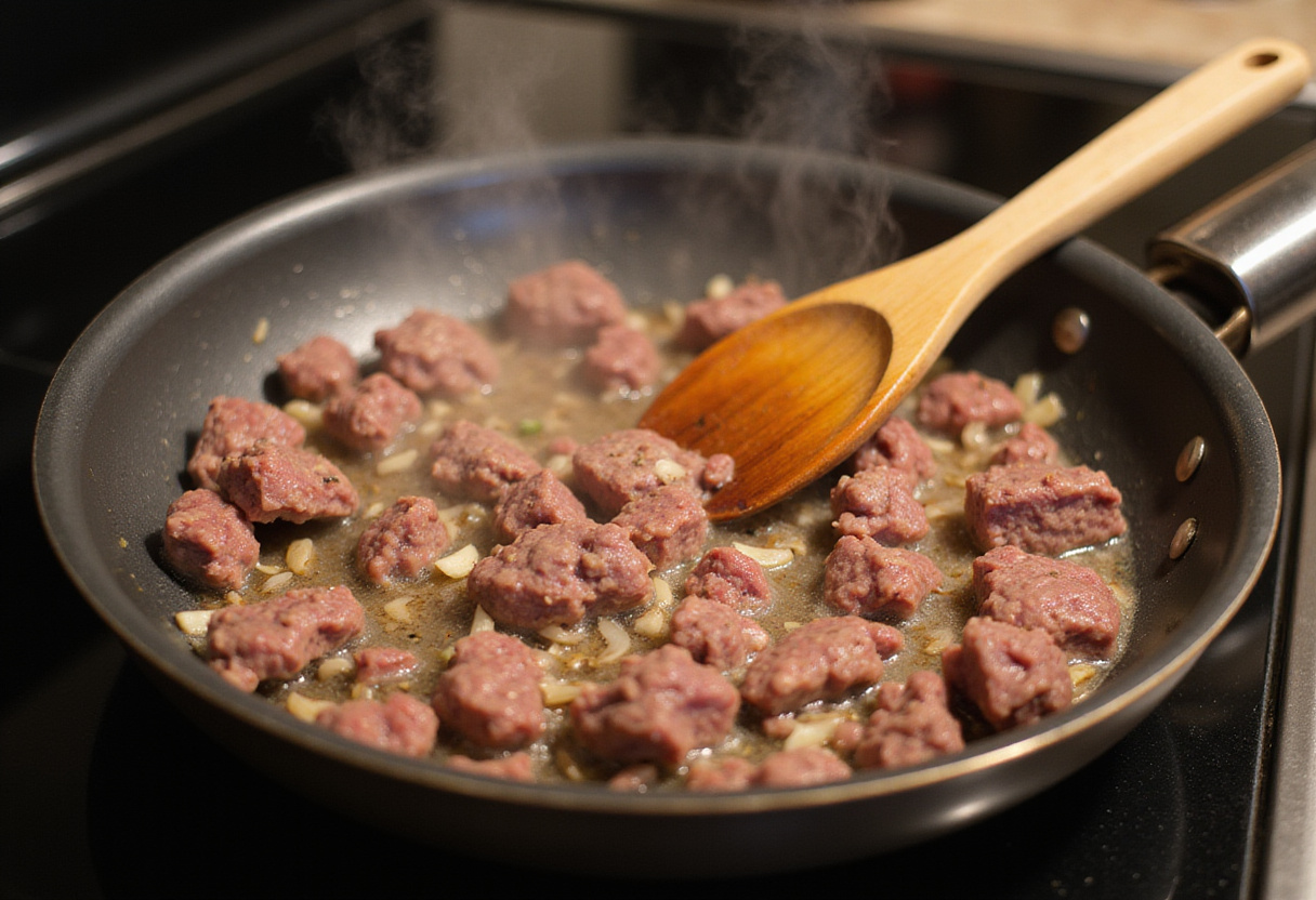 Viande hachée cuisinée avec de l'ail pour la recette de rouleaux de cheeseburger.