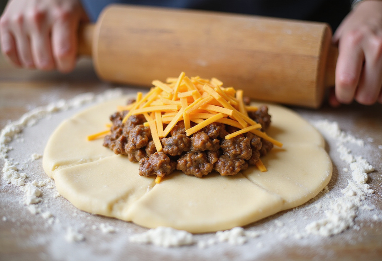 Pâte étalée pour préparer des rouleaux de cheeseburger avec du fromage fondu.