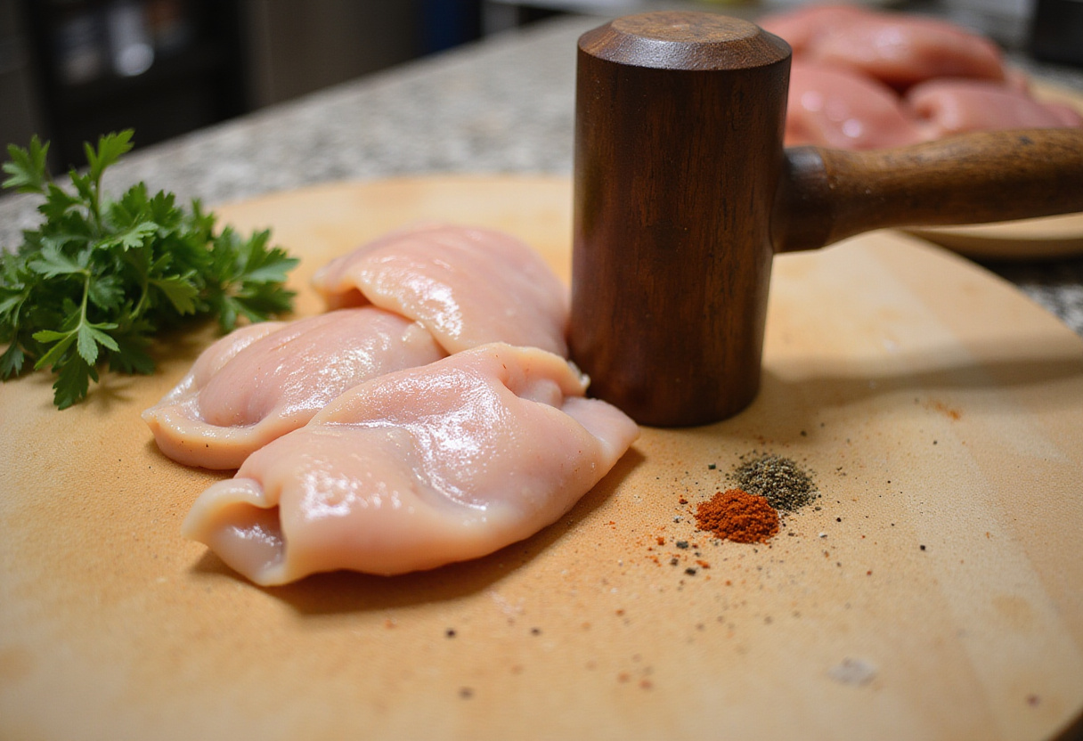 Preparing chicken breasts for roulés de poulet farcis with spices and herbs on a cutting board.