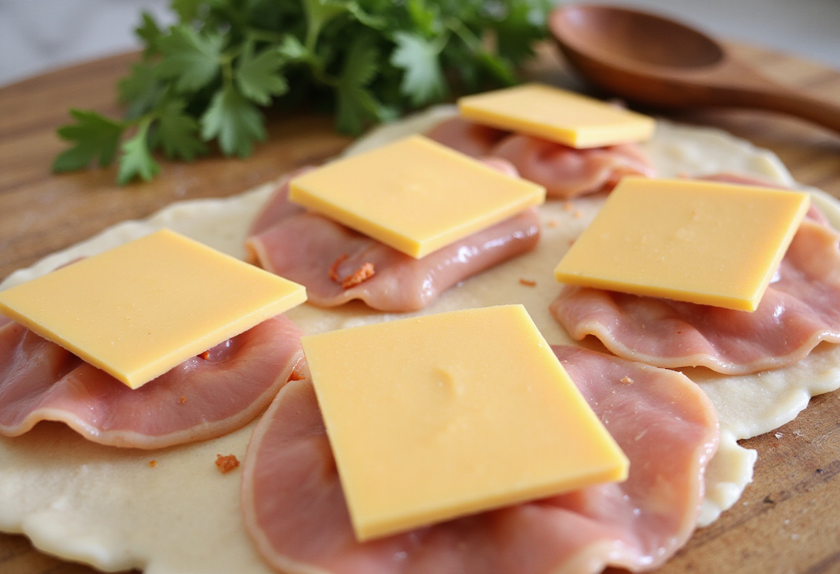 Sliced ham and cheese layered on chicken breasts for poulet farci preparation.
