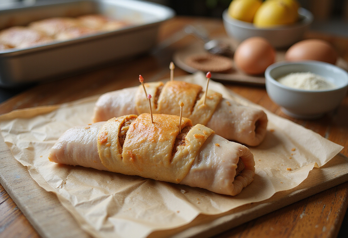 Rolling chicken-filled with ham and cheese for recette de poulet, secured with toothpicks.
