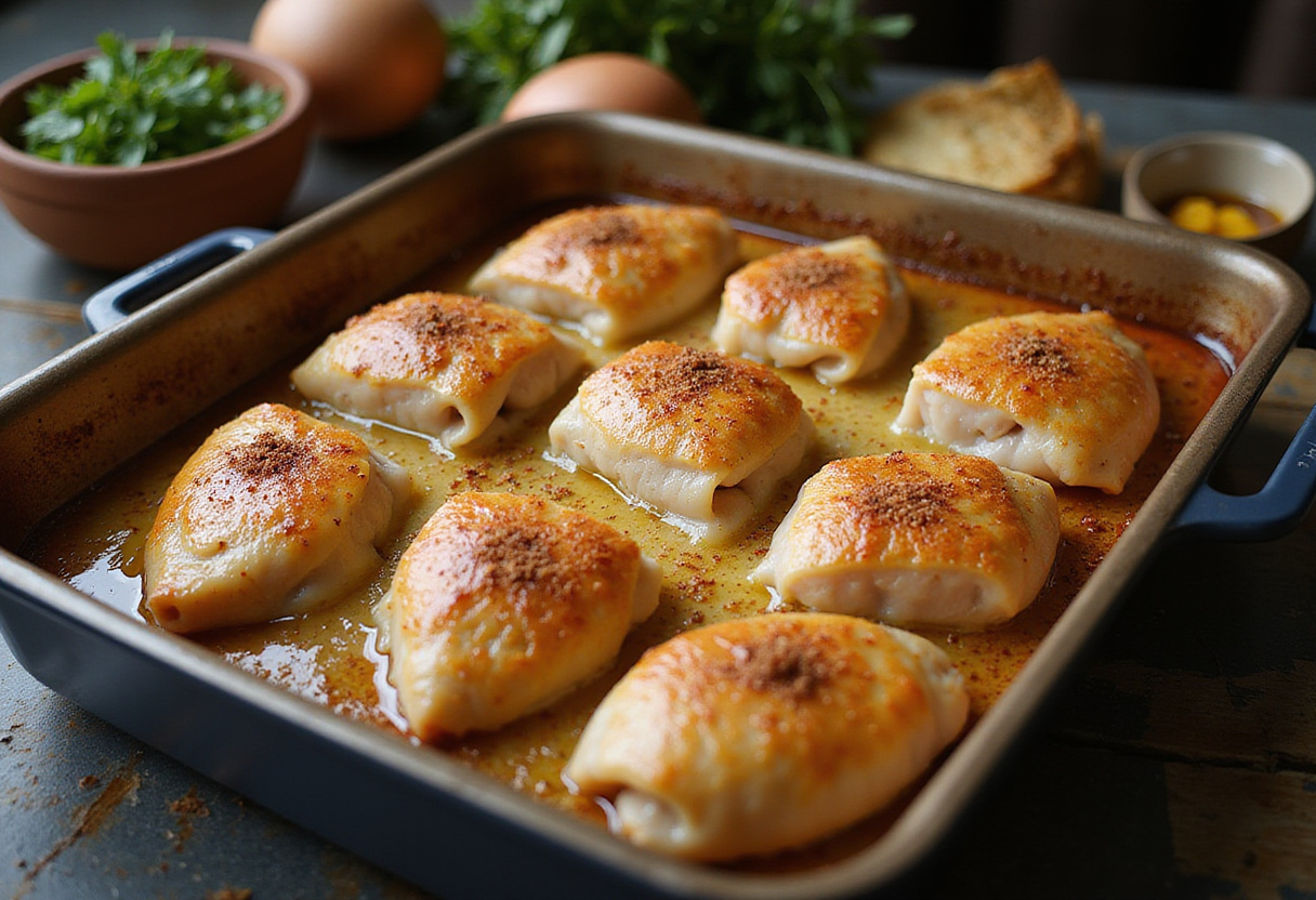Chicken roulés prepared for baking in a dish, showcasing a delicious plat au four.