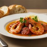 Salade chaude de crevettes et chorizo présentée avec des herbes fraîches, parfaite pour un repas.