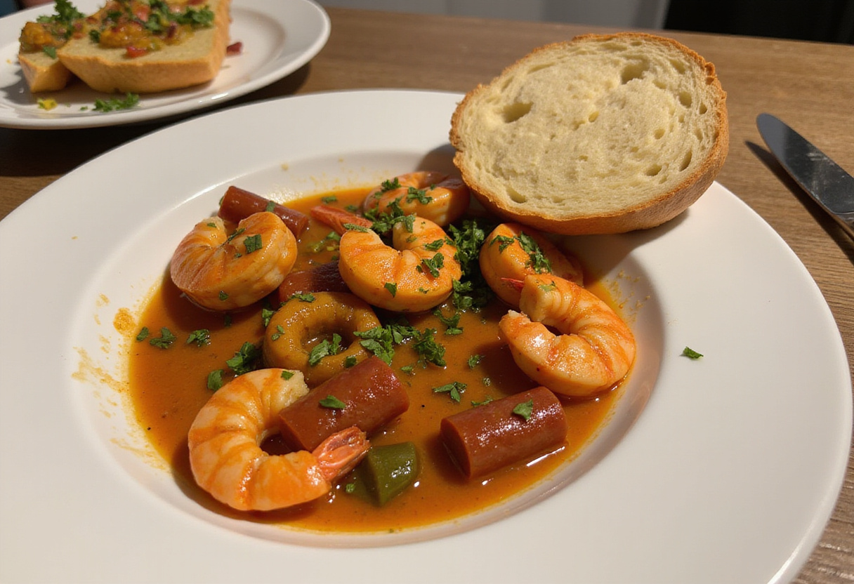 Salade chaude de crevettes et chorizo présentée avec des herbes fraîches, parfaite pour un repas.