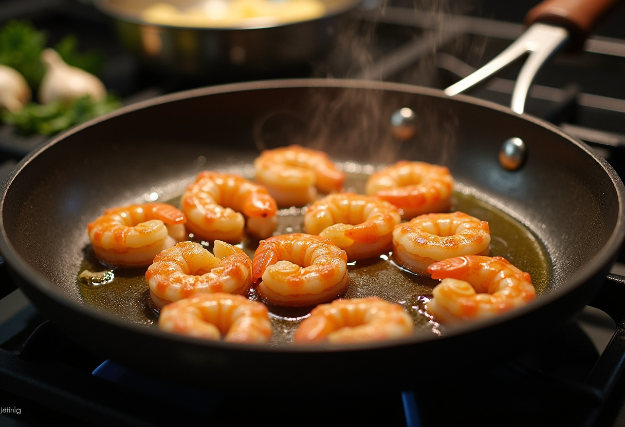 Crevettes sautées dans de l'huile d'olive pour une recette de salade chaude.