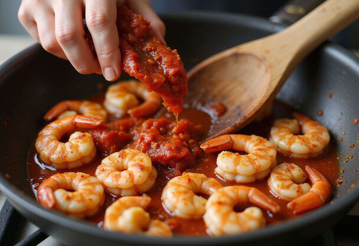 Chorizo tranché ajouté aux crevettes pour préparer une salade de crevettes et chorizo chaude.