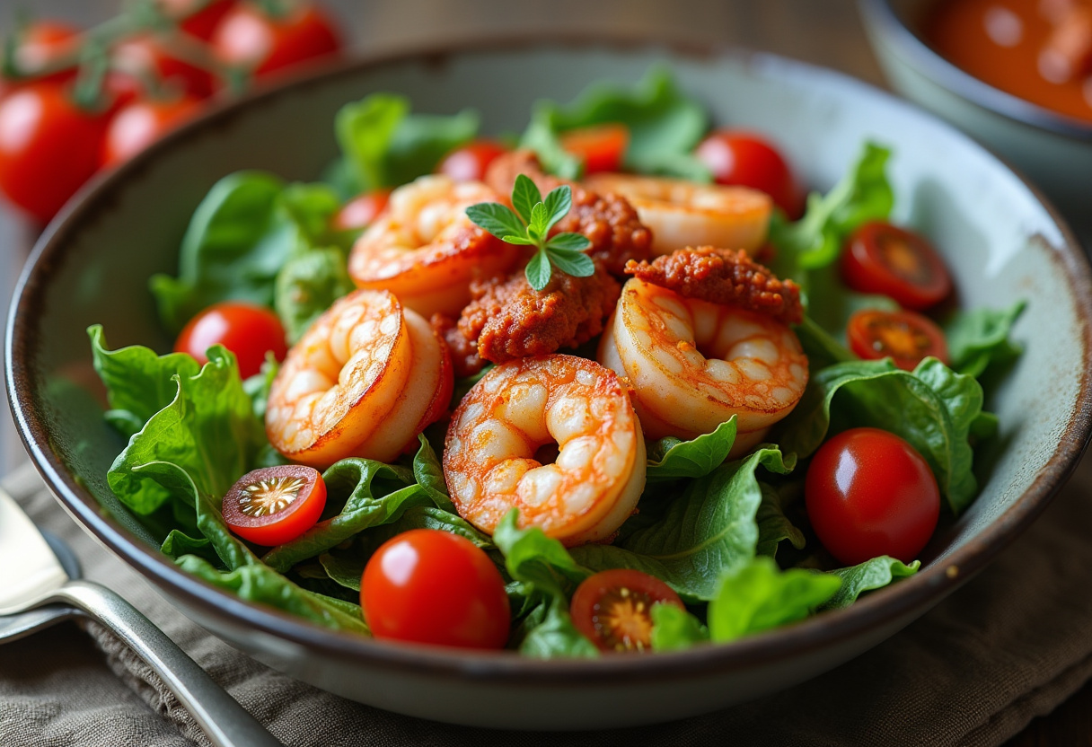 Mélange de feuilles de salade et tomates cerises pour la salade chaude de crevettes et chorizo.
