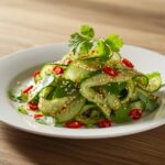 Finished salade asiatique de concombre au chili et sésame, perfect as a refreshing dish.