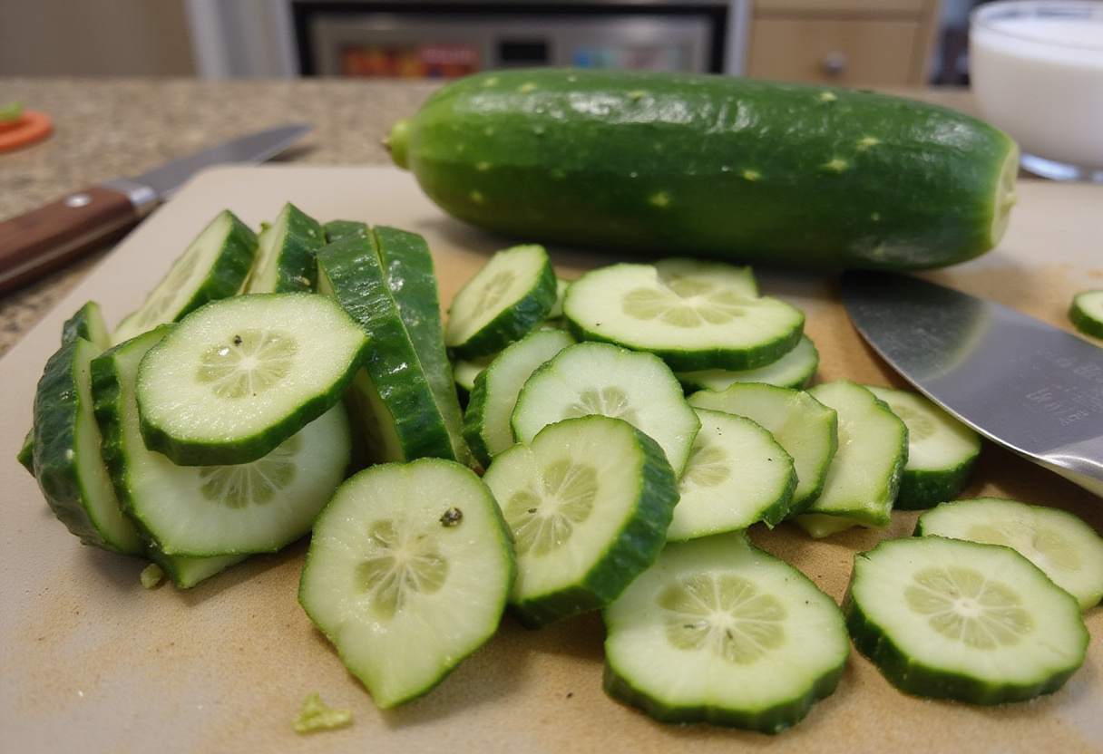 Cucumbers being sliced for salade asiatique de concombre au chili et sésame.