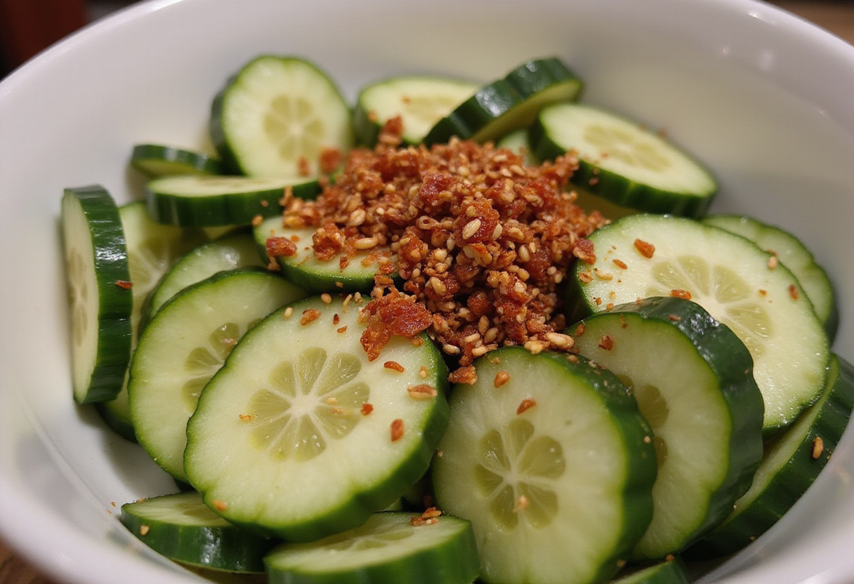 Ingredients for salade asiatique including cucumbers, chili flakes, and sesame seeds.