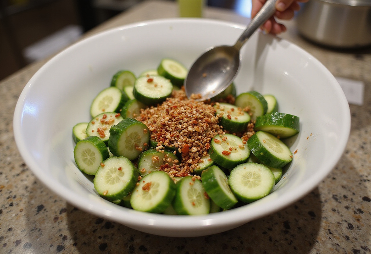 Sliced cucumbers being mixed with chili and sesame in a bowl for salade asiatique.