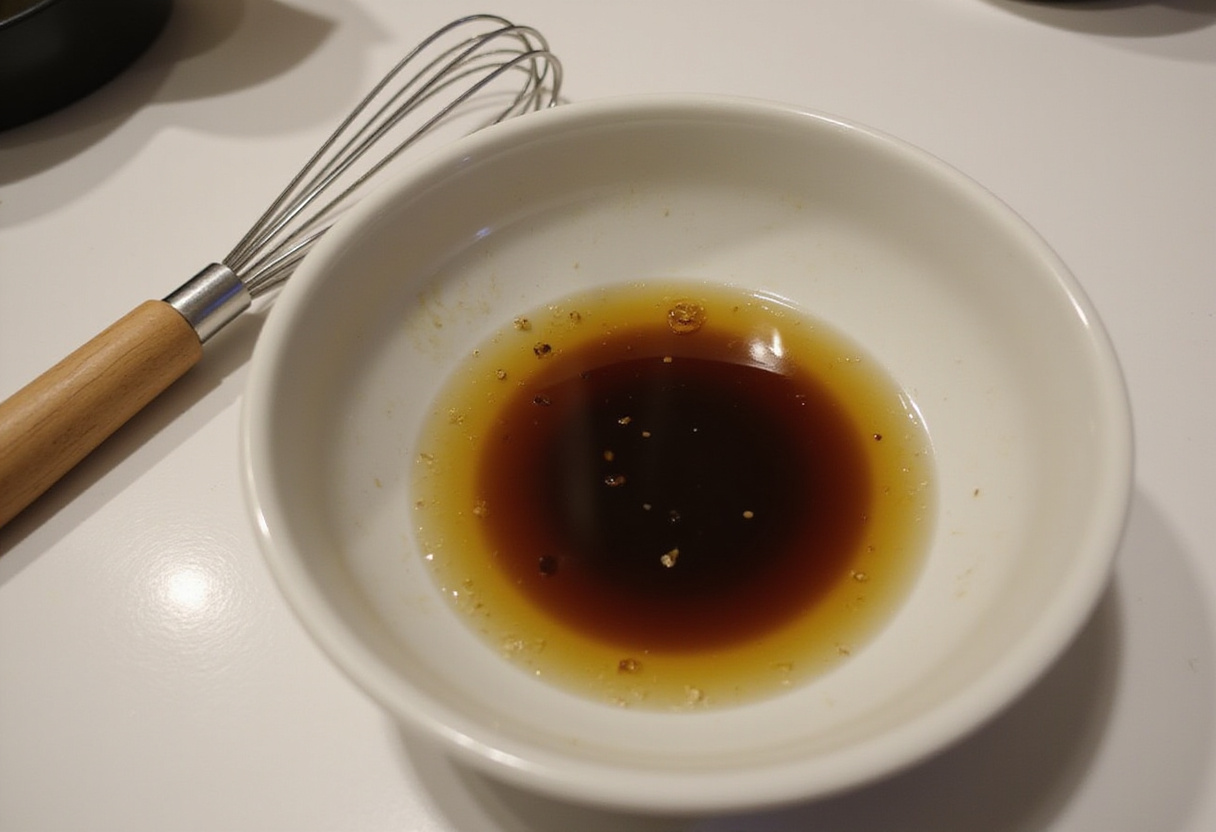 Dressing ingredients being prepared for salade asiatique de concombre.
