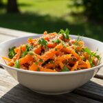 Finished salade de carottes ready to serve, an ideal fresh salad for summer picnics.