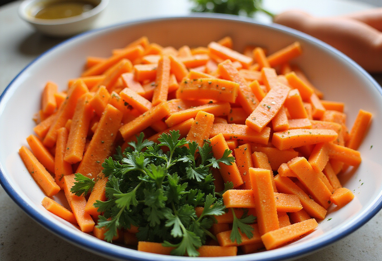Fresh vegetables being mixed for a healthy salade de carottes recipe with vinaigrette dressing.