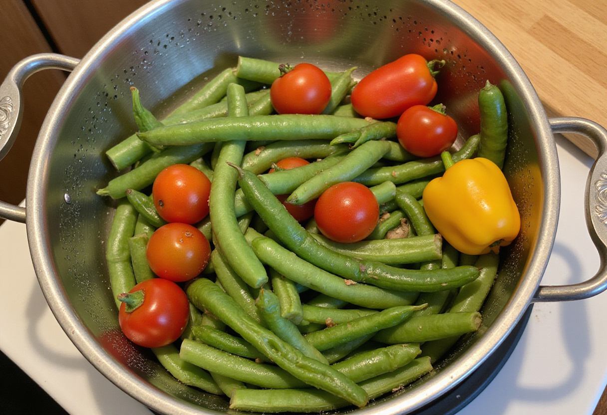 Rinsing fresh vegetables for salade de haricots, including green beans and cherry tomatoes.