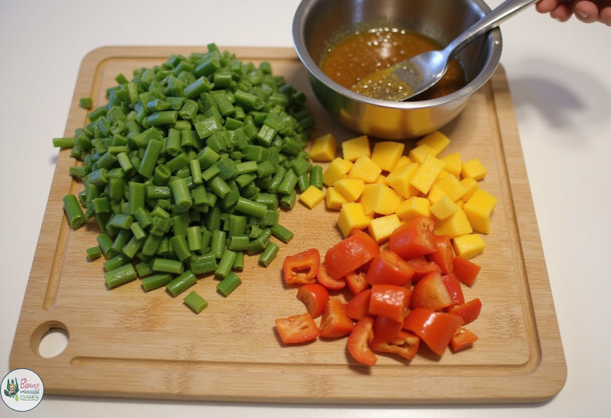 Chopped green beans and bell peppers prepared for salad, highlighting the healthy salade gourmande.