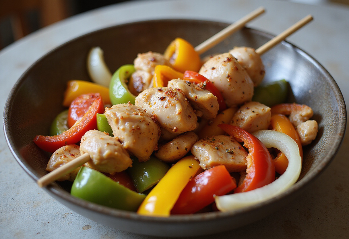 Ingrédients pour la salade de brochettes de poulet marinées avec poivrons colorés.