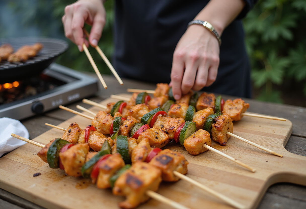 Brochettes de poulet et légumes en cours de préparation pour une salade d'été BBQ.
