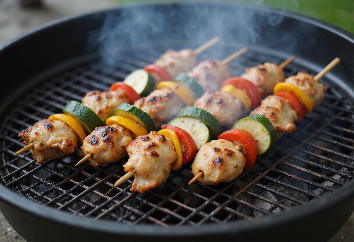 Brochettes de poulet grillées sur le barbecue, idéales pour une recette estivale.
