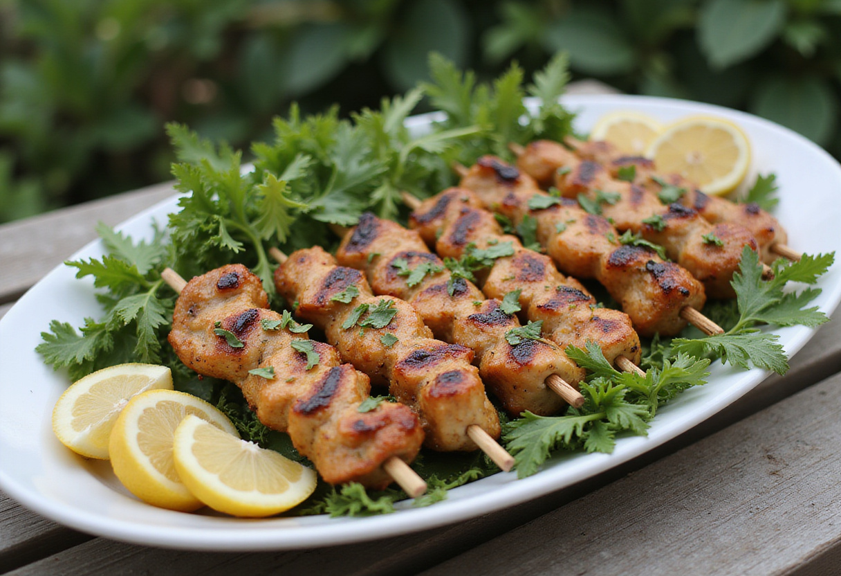 Plateau de salade de brochettes de poulet BBQ prêtes à servir lors d'un repas léger.