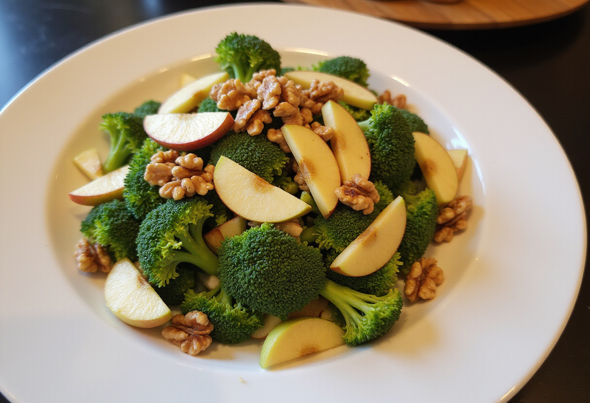 Salade de brocoli finie avec des pommes et des noix, un plat frais et sain pour tous les repas.