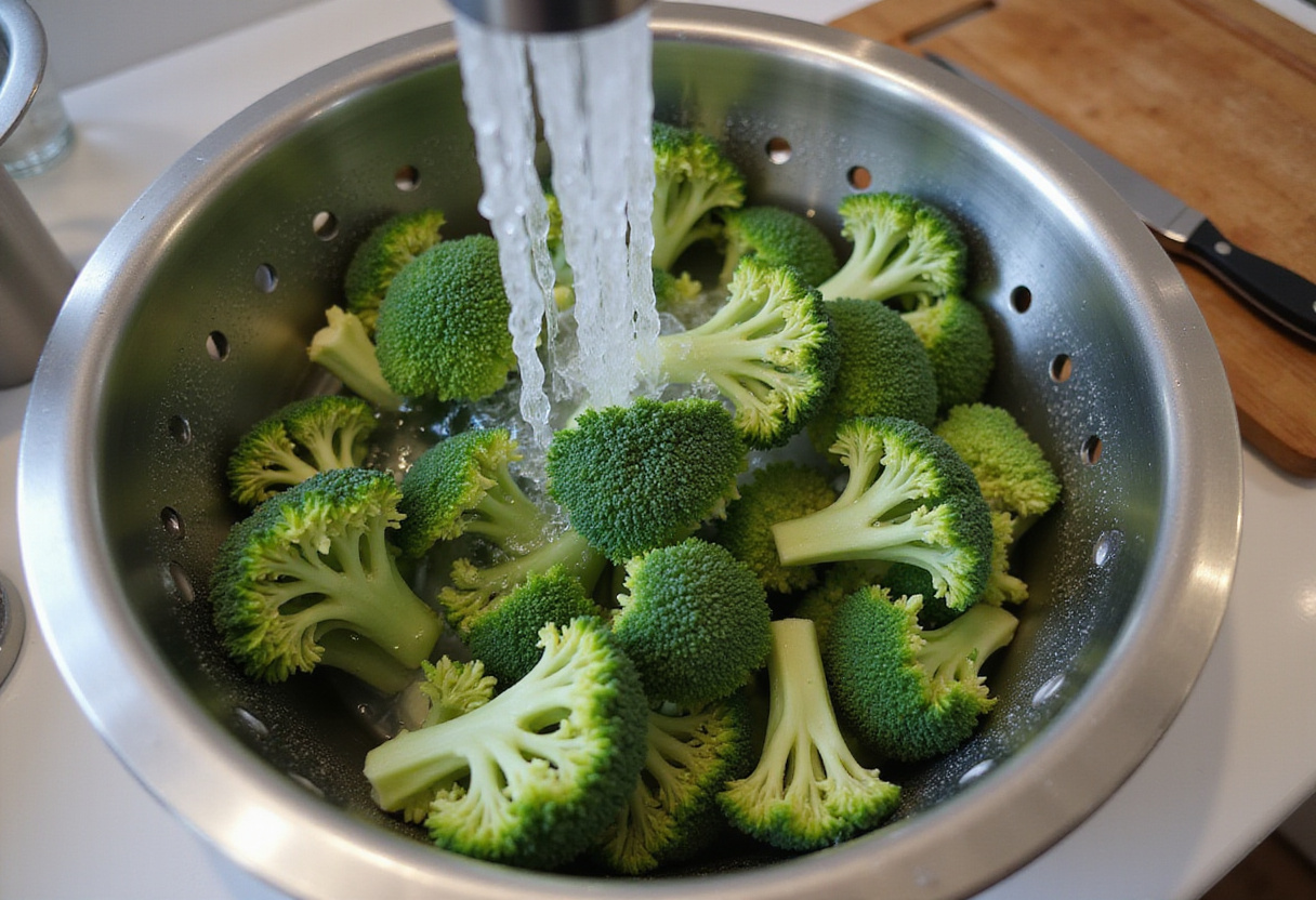 Rinçage des bouquets de brocoli frais pour une recette de salade de brocoli.