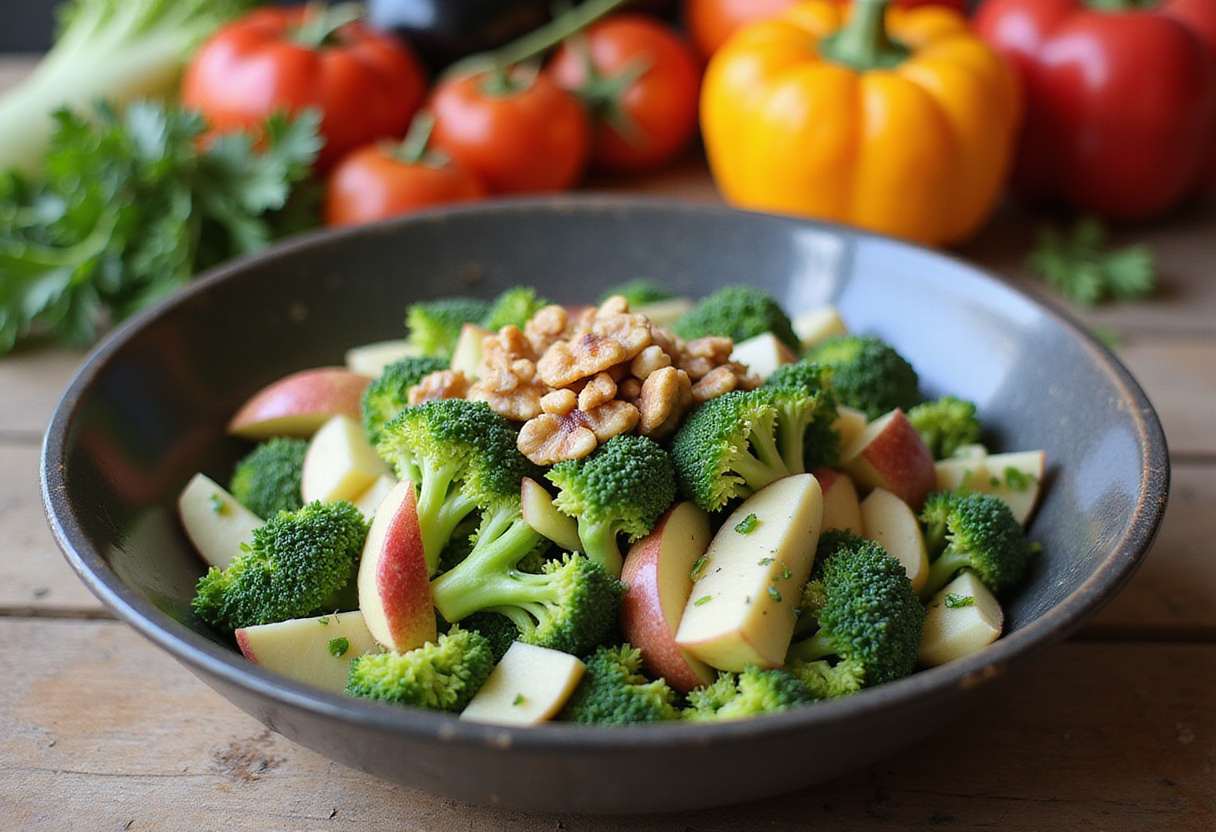 Mélange de brocoli haché, de pommes et de noix pour une recette de salade de brocoli.
