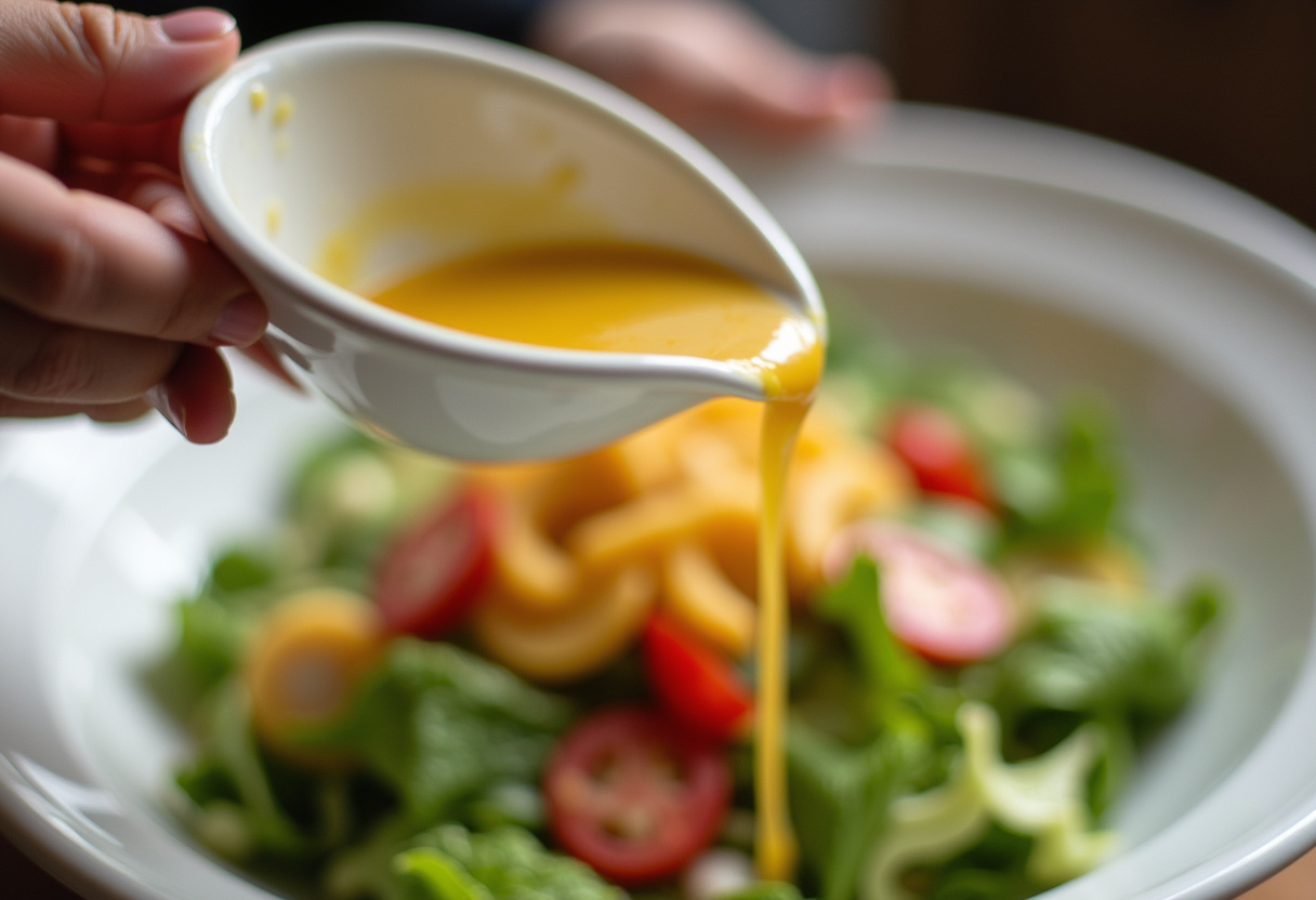 Verser la vinaigrette sur un mélange de salade de brocoli sain prêt à être servi.