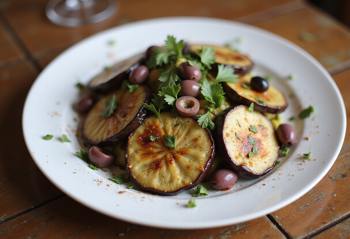 Salade grecque d'aubergines prête à être servie, idéale pour un plat méditerranéen.