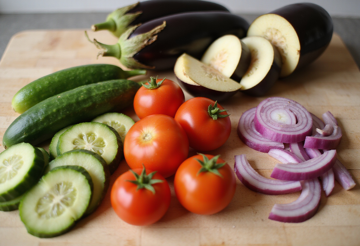 Ingrédients frais pour une recette salade grecque d'aubergines, y compris des aubergines, tomates et concombres.