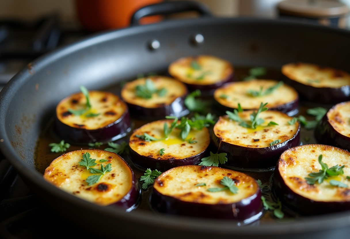 Aubergines grillées pour une salade aubergines, apportant une saveur méditerranéenne à la recette.