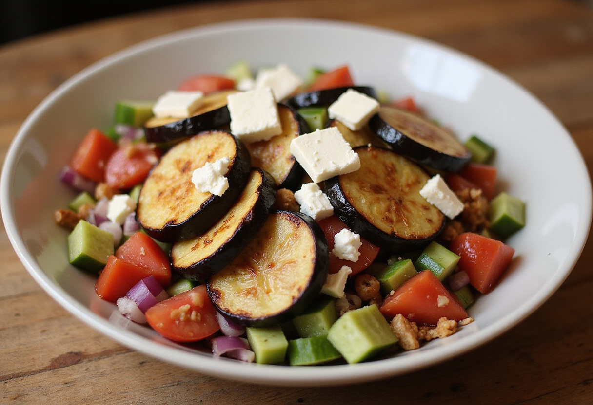 Bol rempli de légumes pour la cuisine grecque d'une salade fraîche d'aubergines.