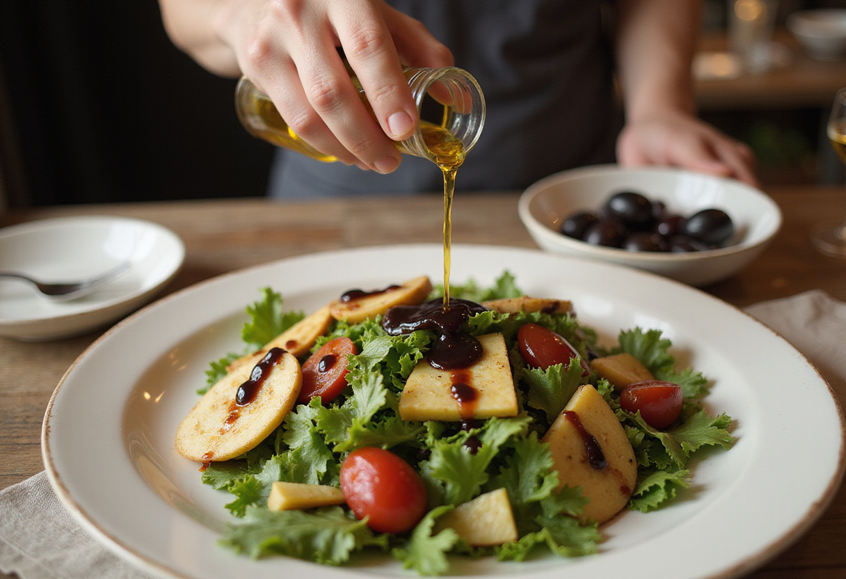 Ajout d'huile d'olive et vinaigre balsamique à la recette estivale de salade grecque d'aubergines.