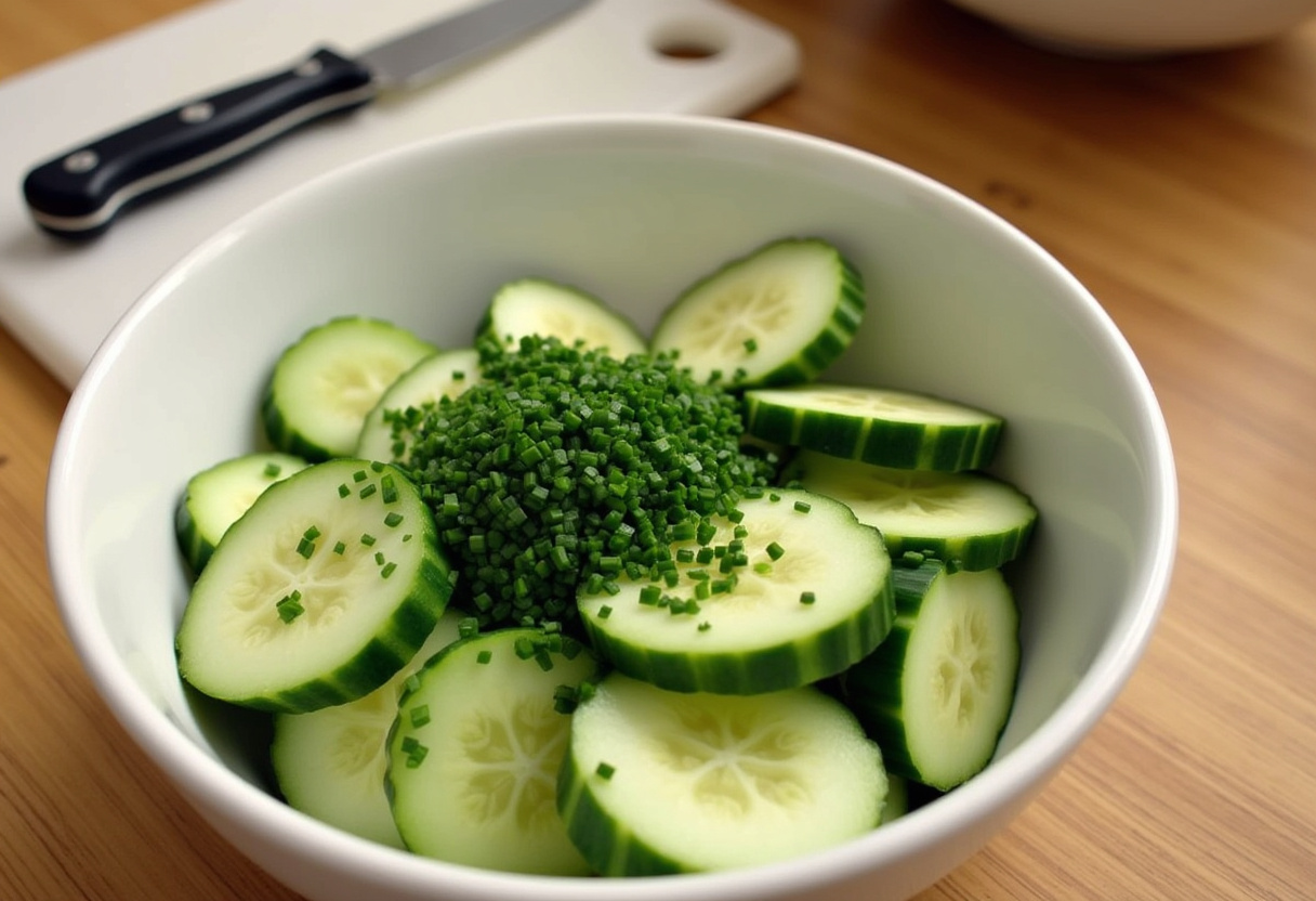 Chives hachées ajoutées à la salade de concombre pour une recette de salade fraîche.