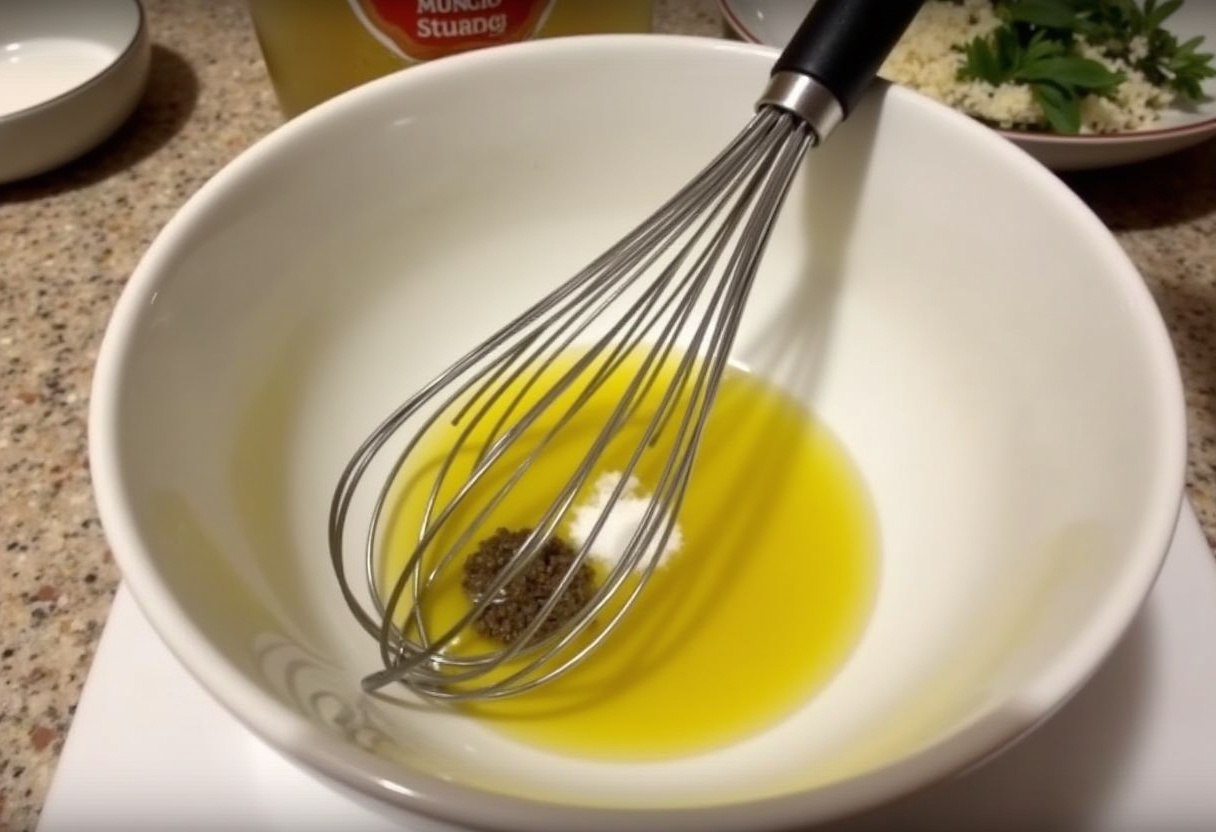Vinaigrette classique préparée pour la salade d'été de concombre et ciboulette.