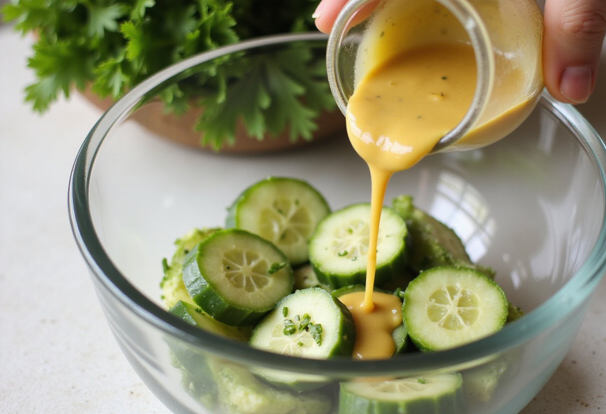Vinaigrette versée sur la salade de concombre et ciboulette avant de mélanger.
