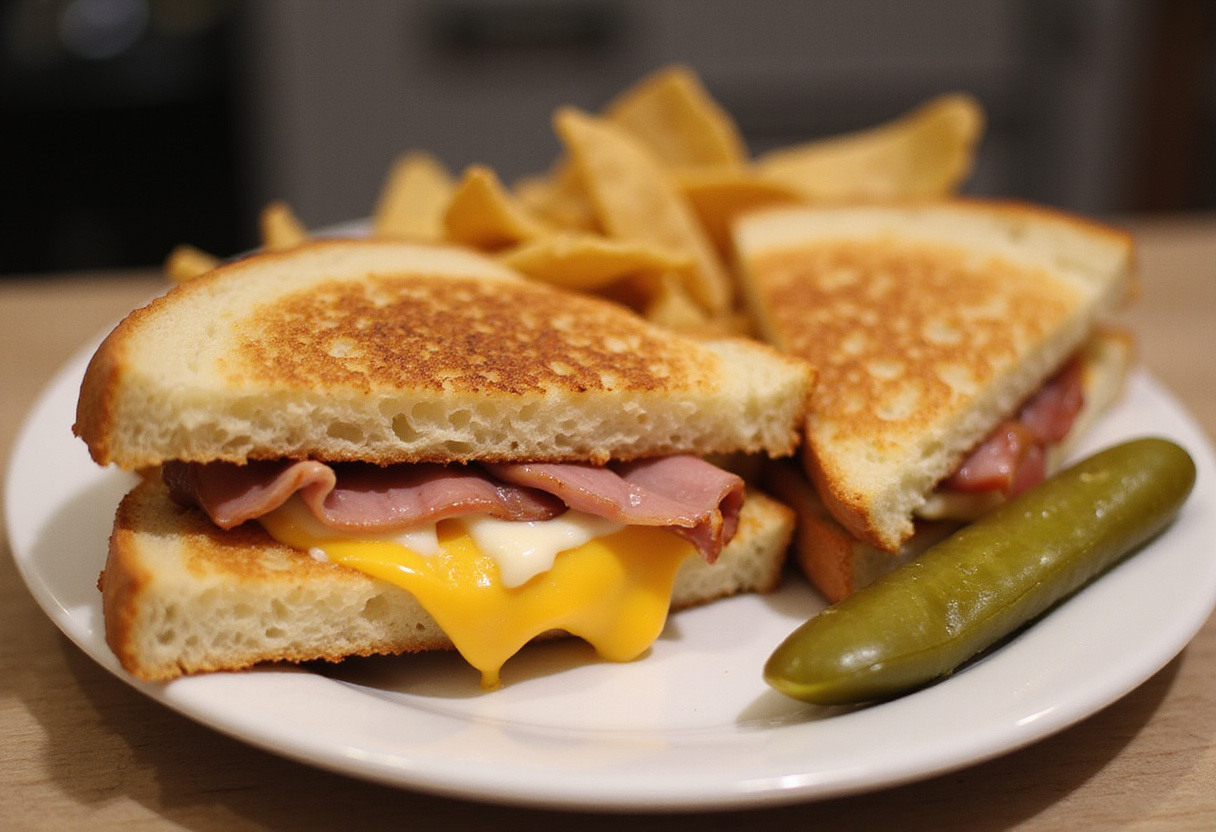 Finished sandwich mixte, a beautifully golden sandwich grillé with ham and cheese, ideal for lunch.