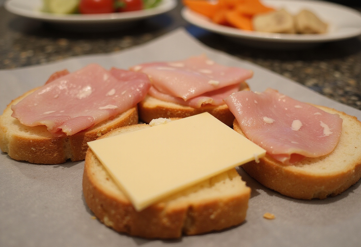 Layering ham and cheese on bread for a sandwich chaud preparation.