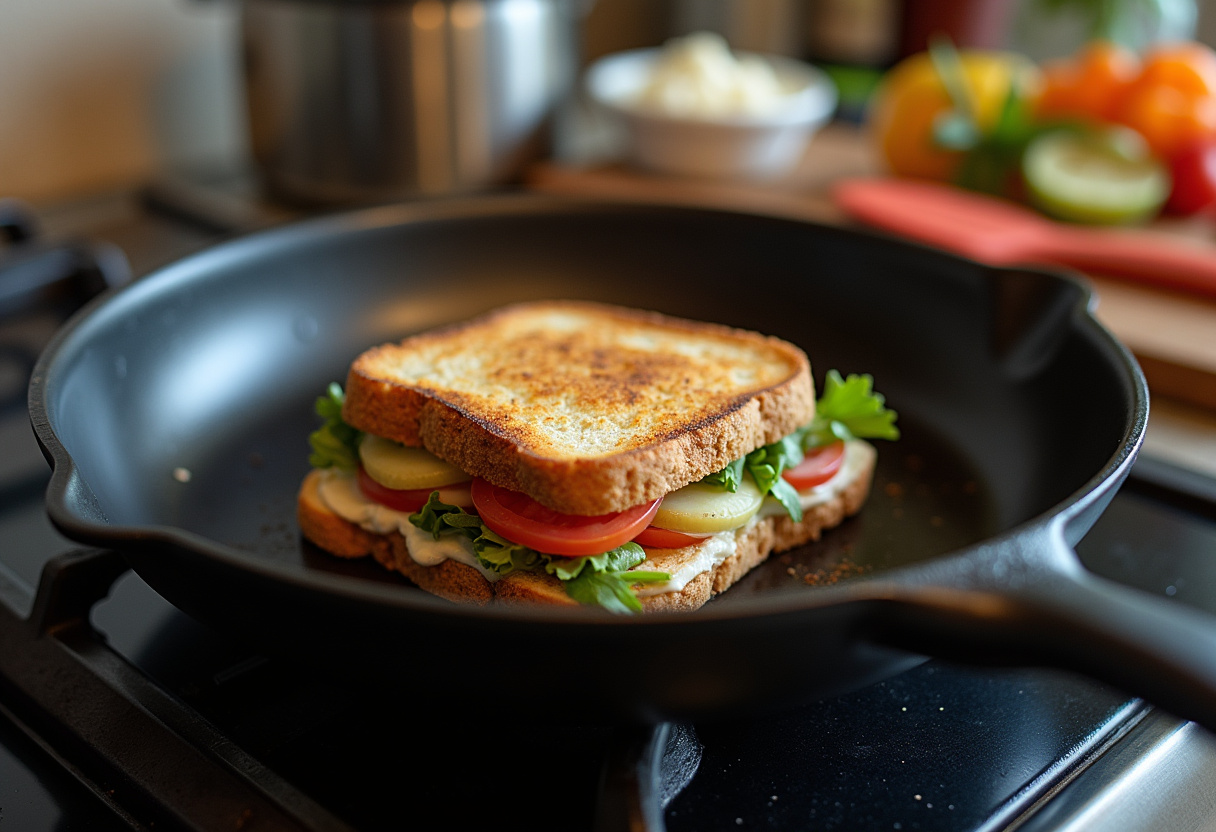 Placing a sandwich au fromage and jambon on a frying pan for cooking a sandwich mixte.